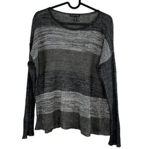 Eileen Fisher Linen Open Knit Grey Striped Sweater Size XS Fisherman Lagenlook